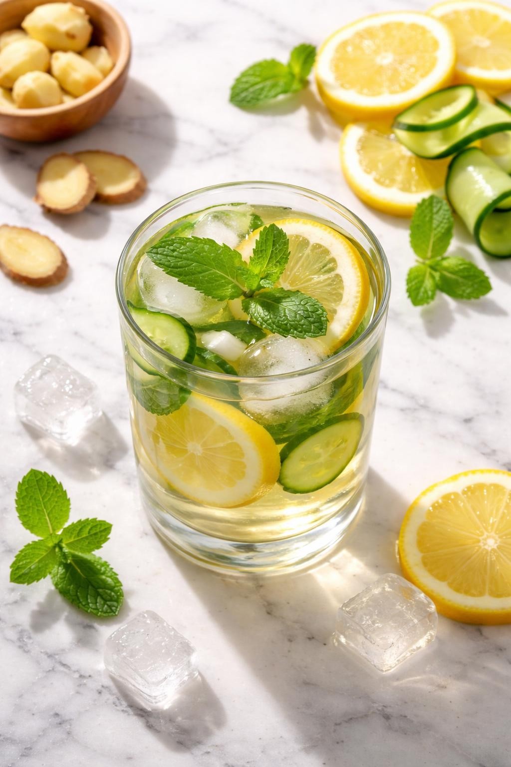 Prompt: A realistic top-down editorial food photography shot of a refreshing green tea detox drink served in a clear glass filled with pale golden green tea, thin lemon rounds, cucumber slices, fresh mint leaves, tiny peeled ginger pieces, and ice cubes. The glass is sitting on a countertop marble table with soft natural morning light, extra lemon slices, cucumber ribbons, mint leaves, ginger pieces, and a few ice cubes arranged neatly nearby, clean fresh wellness drink mood, no people, no hands, no text, no watermarks, no props with writing.
