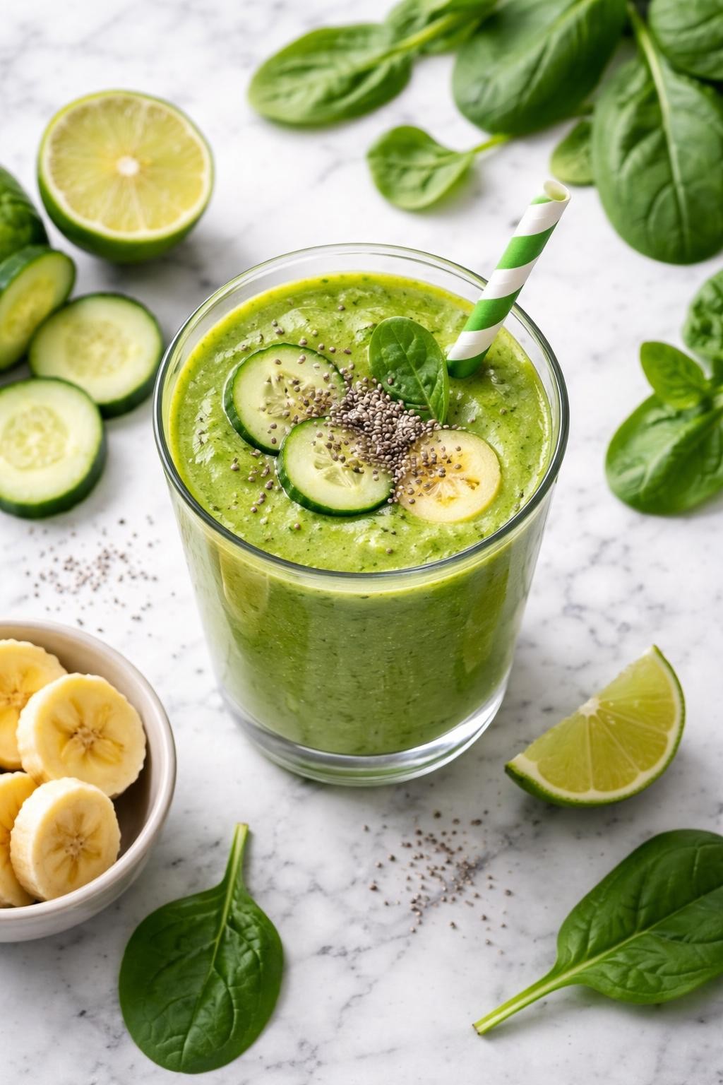 Realistic top-down editorial food photography of a cucumber spinach smoothie in a clear glass on a clean white and gray marble countertop. The smoothie is bright green, smooth, fresh, and creamy, styled with cucumber slices, spinach leaves, banana rounds, chia seeds, and a small lime wedge nearby. Bright natural daylight, clean healthy green smoothie styling, realistic texture, high detail, no people, no hands, no text, no watermarks, no props with writing.