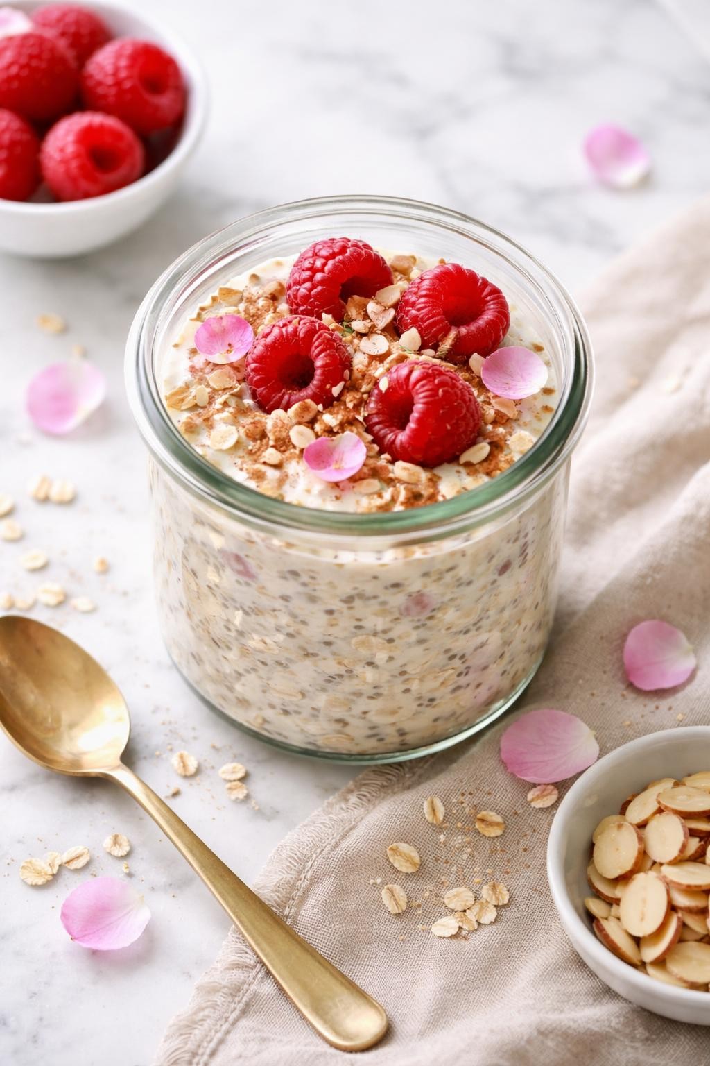 Realistic top-down editorial food photography of wild rose overnight oats in a clear glass jar on a clean marble countertop, creamy oats mixed with chia seeds and plain yogurt, topped with raspberries, tiny food-safe wild rose petals, chopped almonds, and a light dusting of cinnamon, clean healthy breakfast styling, soft natural daylight, high detail, realistic oat texture, no people, no hands, no text, no watermarks, no props with writing.