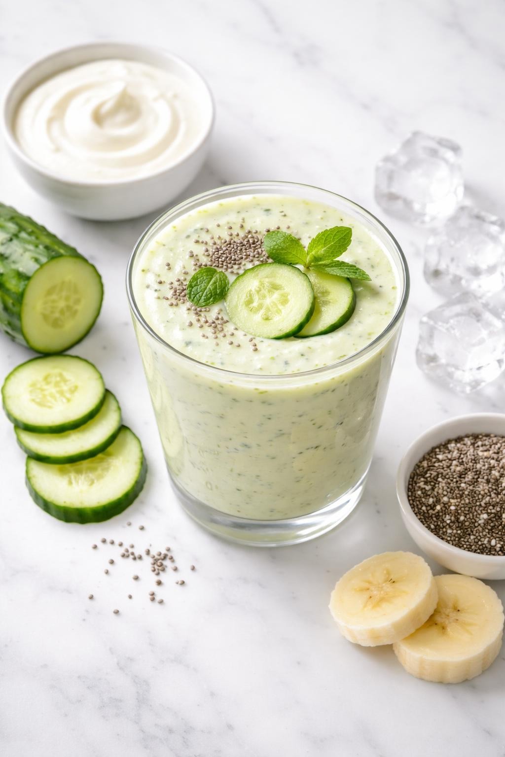 Realistic top-down editorial food photography of a cucumber yogurt smoothie in a clear glass on a clean white marble countertop. The smoothie is pale green, creamy, smooth, and thick, styled with cucumber slices, plain Greek yogurt in a small bowl, banana slices, chia seeds, and a few ice cubes nearby. Bright natural daylight, clean breakfast smoothie styling, realistic creamy texture, high detail, no people, no hands, no text, no watermarks, no props with writing.