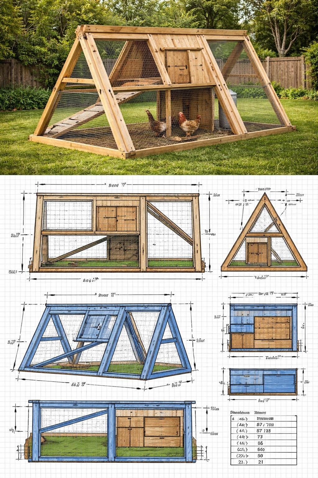 Image Prompt: A vertical 2-collage image. The top half shows a realistic A-frame chicken coop in a grassy backyard, built from natural wood with wire mesh sides, a compact enclosed sleeping section, and a small safe run area. The bottom half shows the matching A-frame coop plan with triangle frame drawings, side and front views, cut measurements, and construction details in a clean blueprint-style layout. The two halves should match clearly. Realistic editorial style, no people, no watermark.