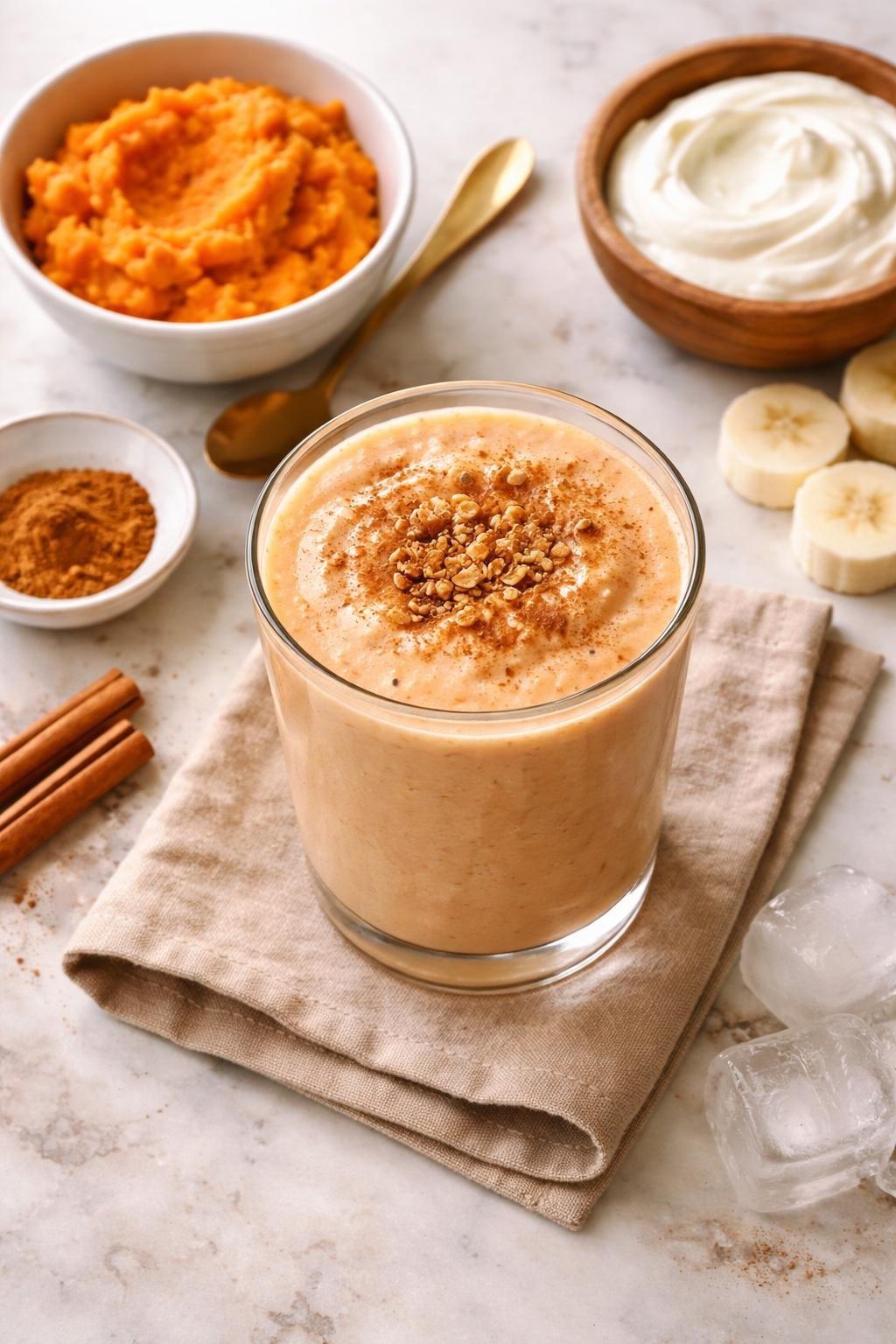 Realistic top-down editorial food photography of a sweet potato cinnamon vegetable smoothie in a clear glass on a light marble countertop. The smoothie is soft orange-beige, thick, creamy, and smooth, styled with mashed cooked sweet potato in a plain bowl, banana slices, cinnamon, Greek yogurt, and a few ice cubes nearby. Natural window lighting, cozy breakfast smoothie styling, realistic creamy texture, high detail, no people, no hands, no text, no watermarks, no props with writing.
