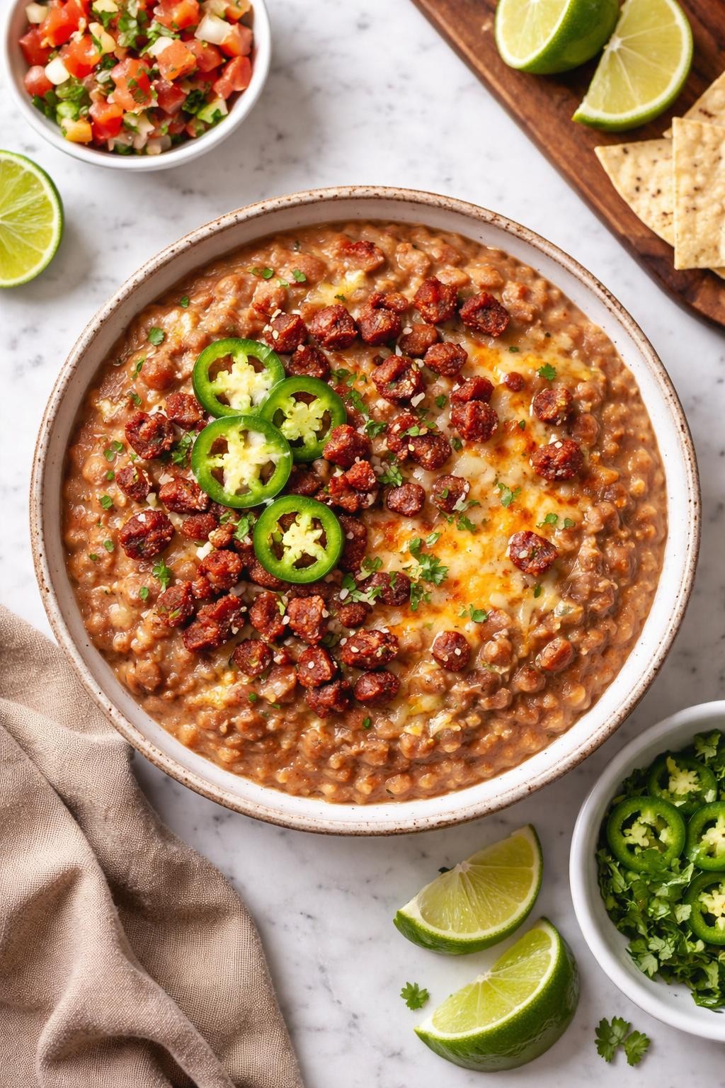 An overheard picture view of a plate of Frijoles Puercos (Sinful Beans) sitting on a marble countertop table in the kitchen, professional food photography style.