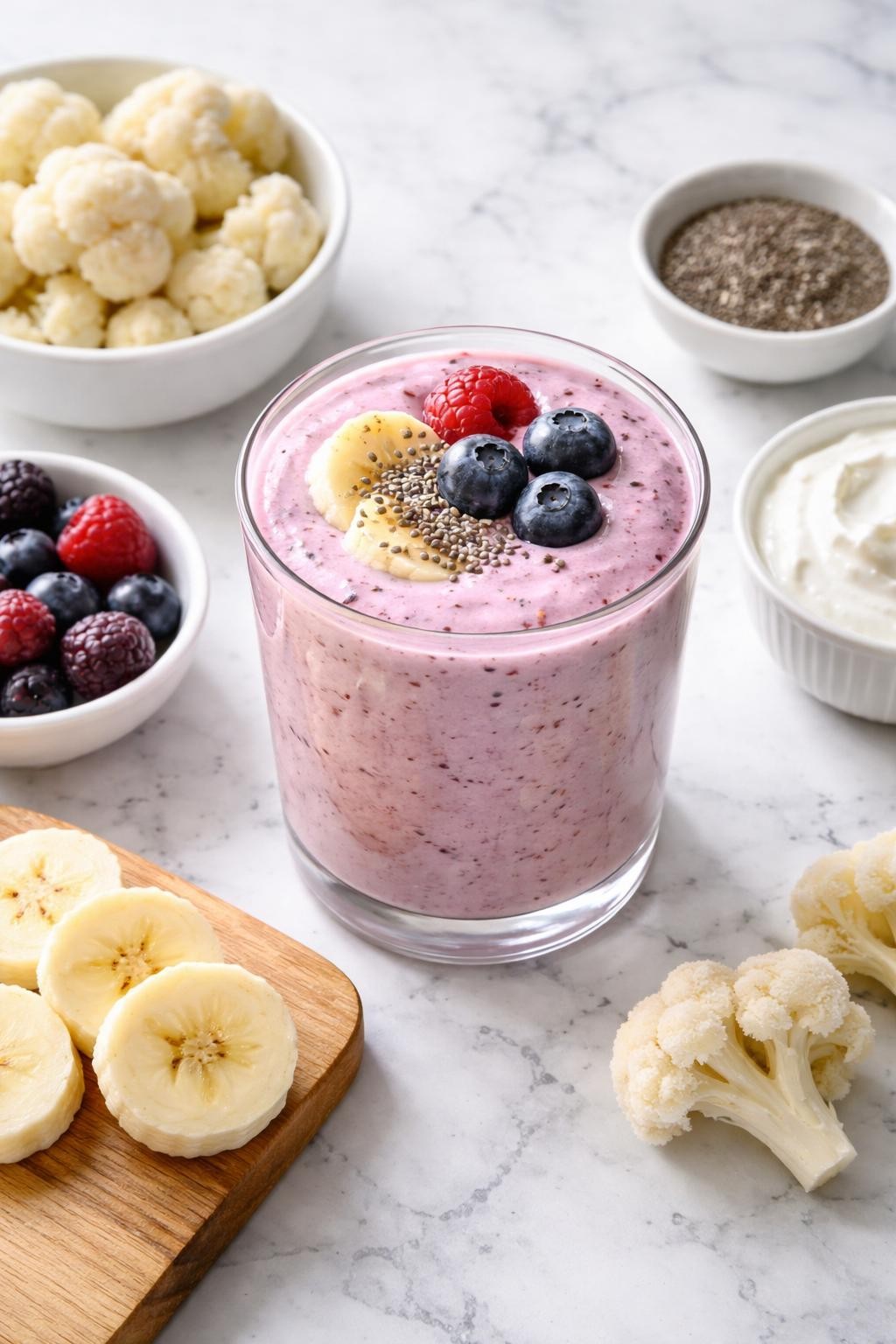 Realistic top-down editorial food photography of a cauliflower berry vegetable smoothie in a clear glass on a clean white and gray marble countertop. The smoothie is soft pink-purple, creamy, thick, and smooth, styled with frozen cauliflower florets, mixed berries, banana slices, Greek yogurt, and chia seeds nearby. Bright natural window lighting, clean healthy breakfast smoothie styling, realistic creamy texture, high detail, no people, no hands, no text, no watermarks, no props with writing.