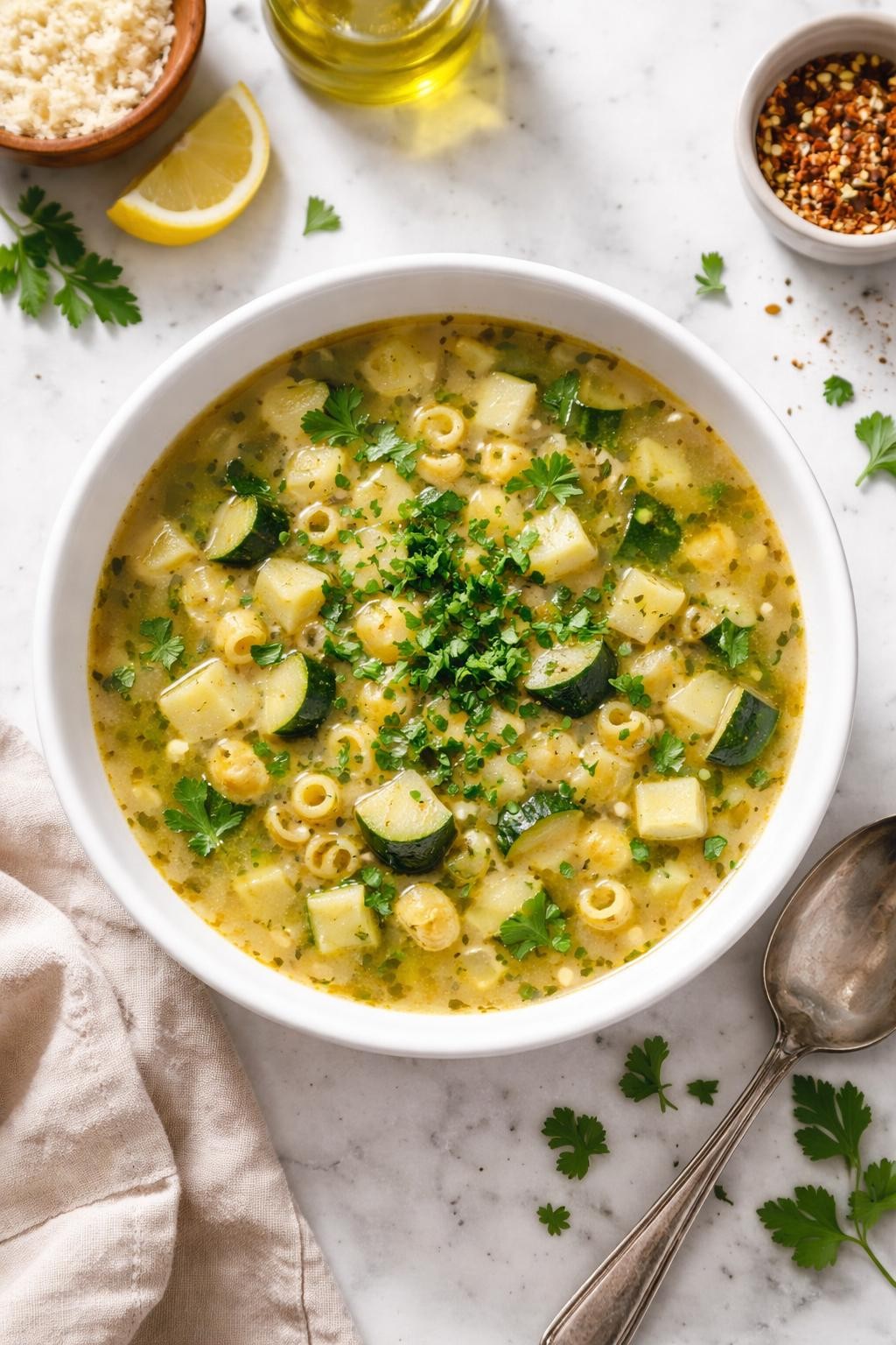 Image Prompt: Realistic top-down editorial food photography of Italian zucchini soup in a simple white bowl on a clean marble countertop, light broth with diced zucchini, onion, garlic, herbs, and small pasta, parsley on top, bright natural daylight, warm homemade soup mood, no people, no hands, no text, no watermarks, no props with writing.