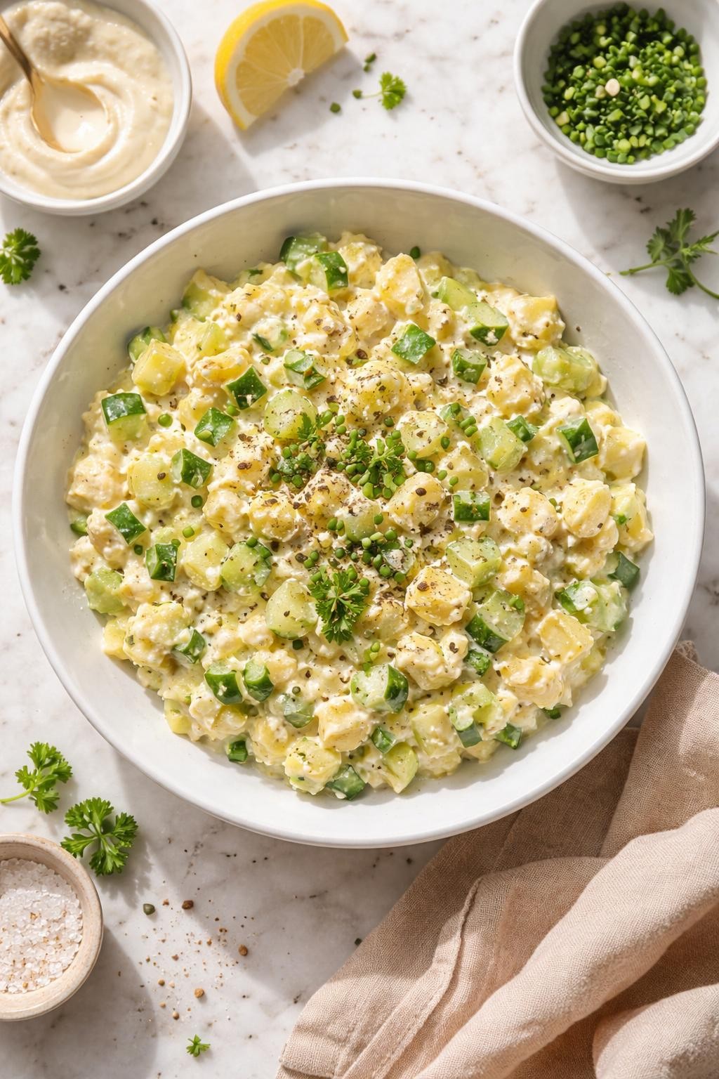 Image Prompt: Realistic top-down editorial food photography of egg salad with cucumber in a shallow white bowl on a light marble countertop, creamy chopped egg salad with small cucumber pieces, herbs, mayonnaise, and black pepper, bright natural daylight, soft shadows, clean homemade food styling, high detail, realistic textures, no people, no hands, no text, no watermarks, no props with writing.