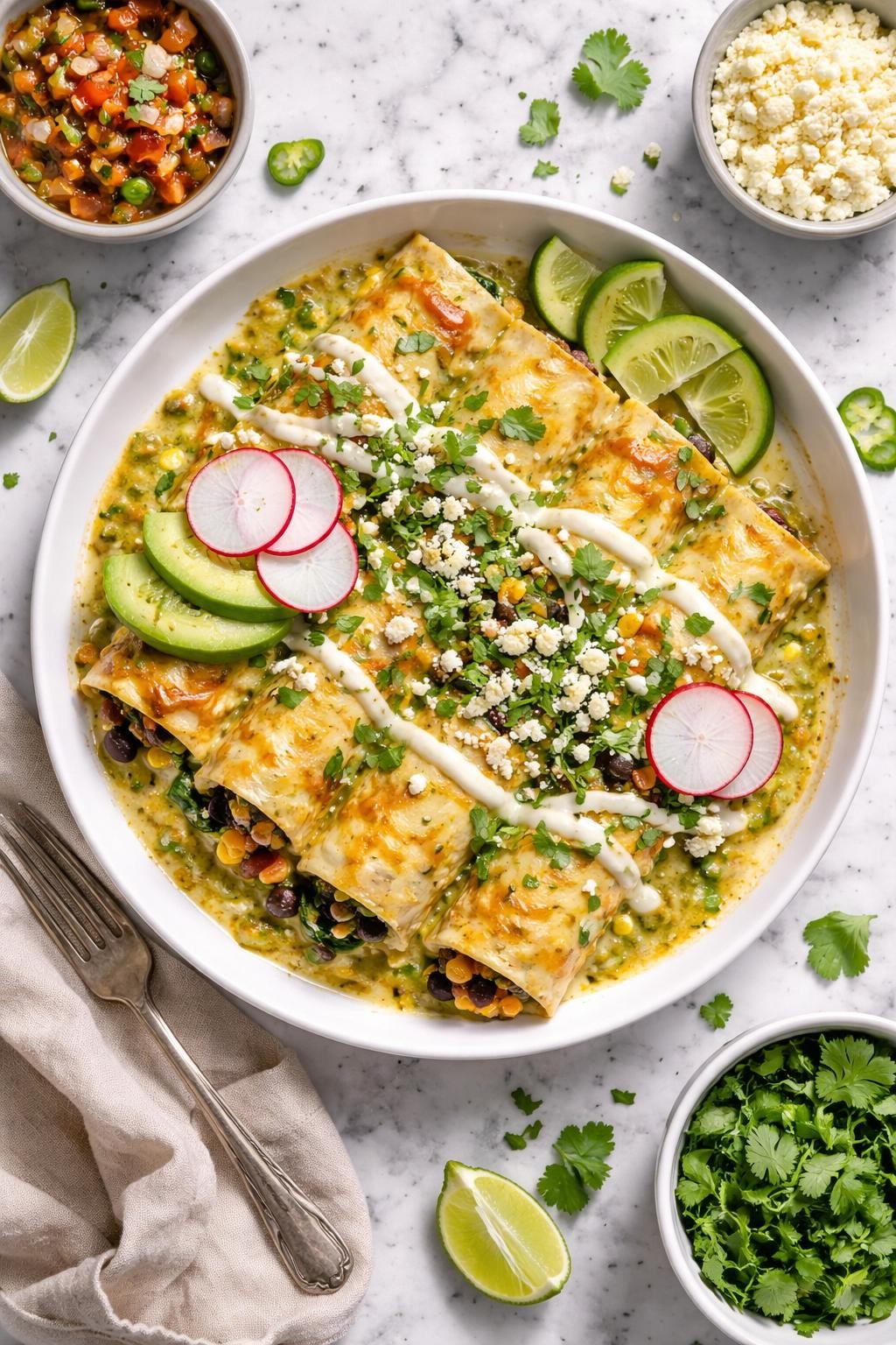 An overheard picture view of a plate of Vegetarian Enchiladas Suizas sitting on a marble countertop table in the kitchen, professional food photography style.