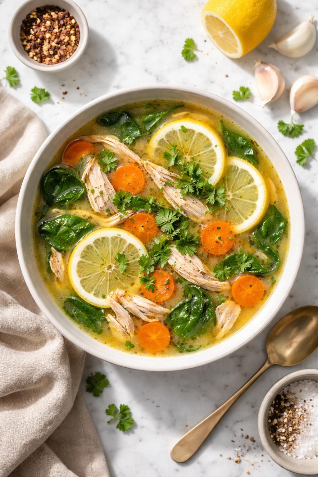 Image Prompt: Realistic top-down editorial food photography of a bowl of lemon garlic bone broth soup on a white marble countertop, filled with shredded chicken, spinach, sliced carrots, and a light golden broth with visible lemon slices and fresh parsley, cozy homemade soup styling, bright natural daylight, soft shadows, clean editorial composition, high detail, realistic food texture, no people, no hands, no text, no watermarks, no props with writing.