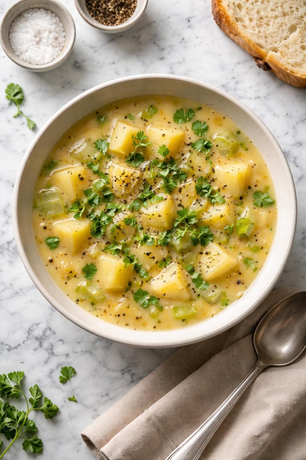 Image Prompt: Realistic top-down editorial food photography of a bowl of bone broth potato soup on a clean white and gray marble countertop, filled with soft potato cubes, onions, celery, and a light creamy golden broth, topped with parsley and cracked black pepper, cozy homemade comfort food mood, bright natural window light, soft shadows, clean composition, high detail, realistic food texture, no people, no hands, no text, no watermarks, no props with writing.