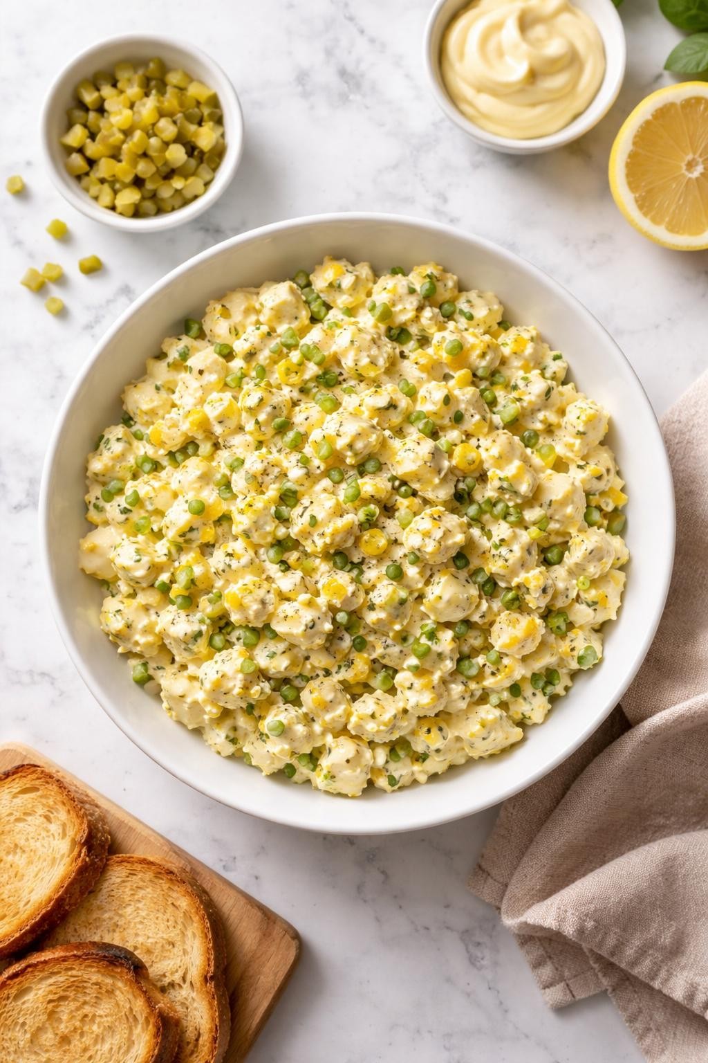Image Prompt: Realistic top-down editorial food photography of egg salad with chopped pickles in a shallow white bowl on a light marble countertop, creamy chopped egg salad with diced pickles, mayonnaise, mustard, and black pepper, bright natural daylight, soft shadows, clean lunch styling, high detail, realistic textures, no people, no hands, no text, no watermarks, no props with writing.