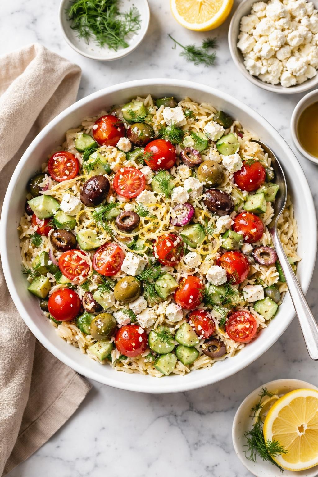 An overheard picture view of a plate of Greek Orzo Salad with Lemon and Dill sitting on a marble countertop table in the kitchen, professional food photography style.