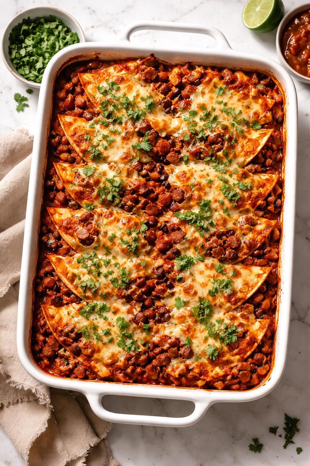 Image Prompt: Realistic top-down editorial food photography of Mexican chorizo enchilada casserole in a baking dish on a clean marble countertop, layers of tortillas, browned chorizo, red enchilada sauce, beans, and melted cheese, chopped cilantro on top, warm natural daylight, cozy homemade dinner mood, no people, no hands, no text, no watermarks, no props with writing.