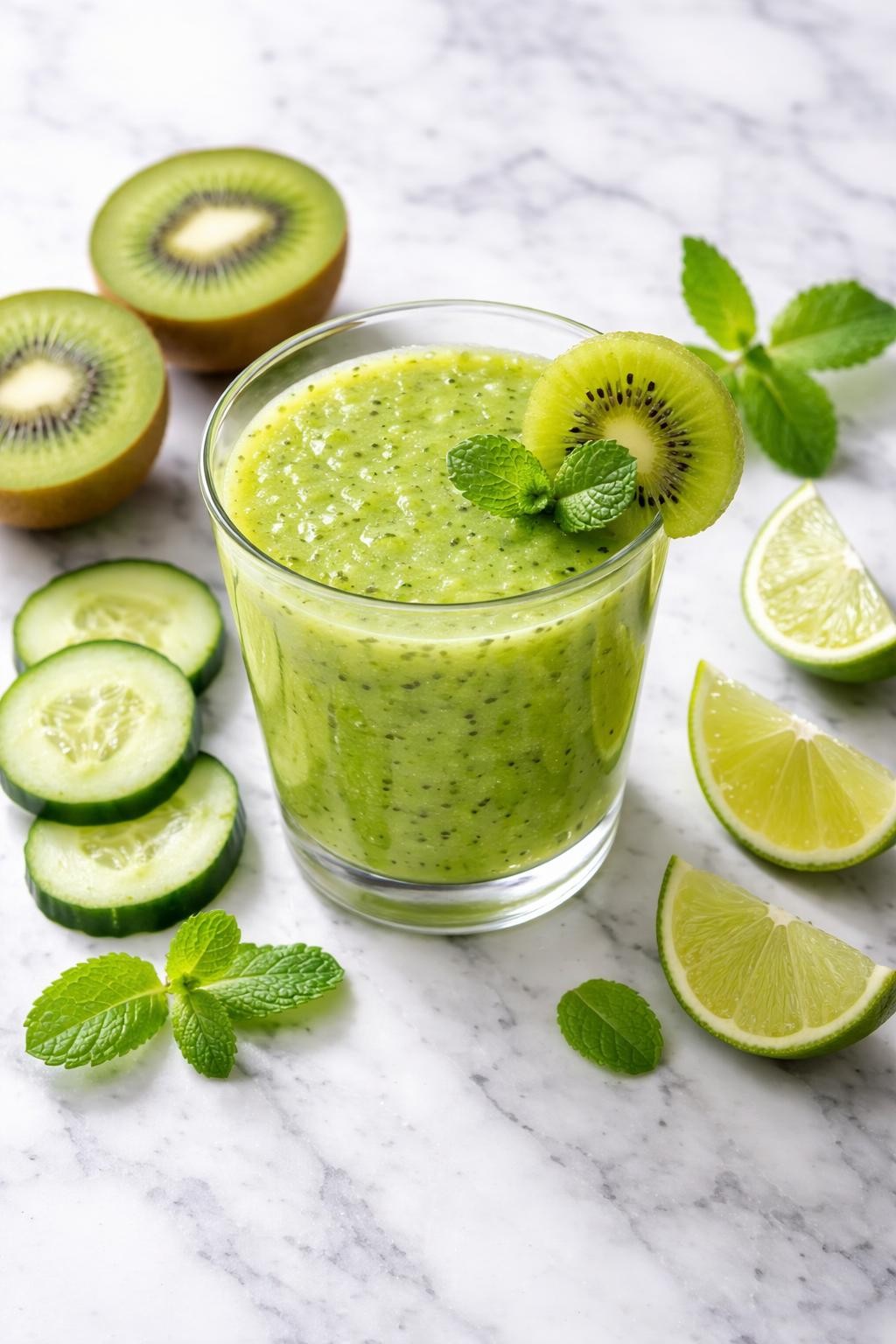 Realistic top-down editorial food photography of a cucumber kiwi smoothie served in a clear glass on a clean white and gray marble countertop. The smoothie is bright green, smooth, fresh, and speckled with tiny kiwi seeds, styled with kiwi slices, cucumber slices, mint leaves, and lime wedges nearby. Soft natural daylight, clean refreshing smoothie styling, high detail, realistic drink texture, no people, no hands, no text, no watermarks, no props with writing.
