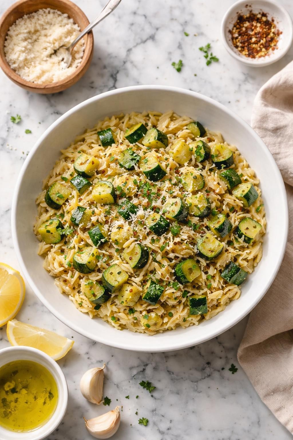 Image Prompt: Realistic top-down editorial food photography of Italian zucchini orzo in a shallow white bowl on a clean white and gray marble countertop, tender orzo cooked with diced zucchini, garlic, parmesan, and herbs, bright natural daylight, cozy homemade side dish mood, no people, no hands, no text, no watermarks, no props with writing.