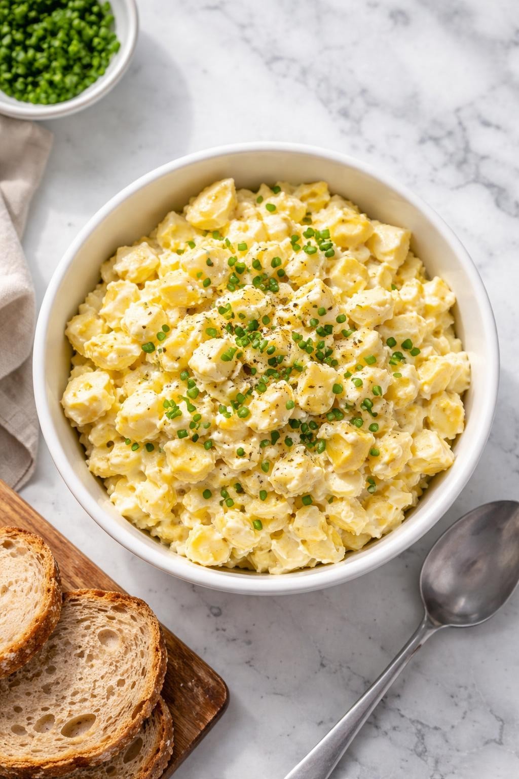 Image Prompt: Realistic top-down editorial food photography of a classic egg salad in a white bowl on a clean white and gray marble countertop, creamy chopped hard-boiled eggs mixed with mayonnaise, mustard, black pepper, and a little chopped chive, simple homemade lunch styling, bright natural window lighting, soft shadows, clean composition, high detail, realistic food texture, no people, no hands, no text, no watermarks, no props with writing.