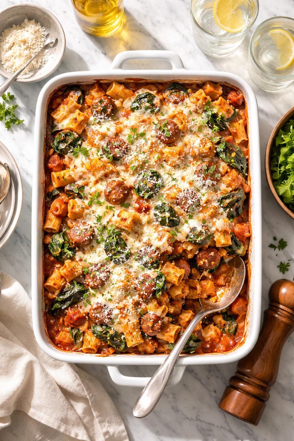 Image Prompt: Realistic top-down editorial food photography of sausage and spinach pasta bake on a white marble countertop, pasta baked with ground Italian sausage, wilted spinach, tomato sauce, melted mozzarella, and parmesan, bright natural daylight, soft shadows, cozy family dinner styling, high detail, realistic food texture, no people, no hands, no text, no watermarks, no props with writing.