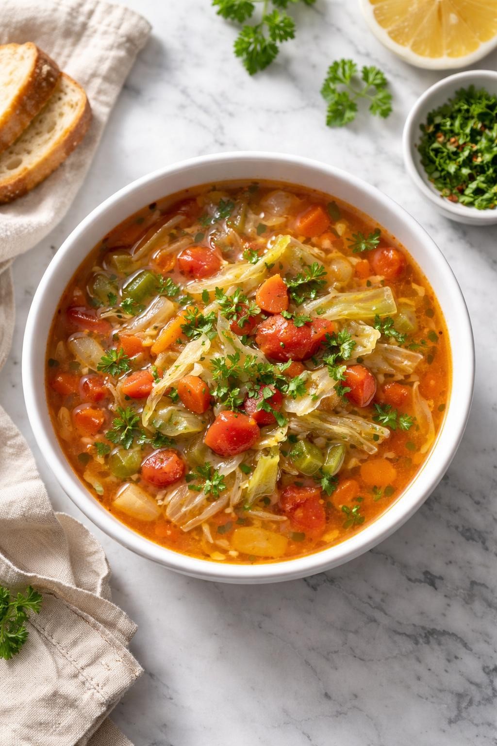 Realistic top-down editorial food photography of classic cabbage detox soup in a simple white ceramic bowl on a clean white and gray marble countertop, clear tomato-based broth filled with shredded green cabbage, diced tomatoes, carrots, celery, onion, garlic, and fresh parsley, light steam rising, cozy homemade soup mood, bright natural window lighting, soft shadows, high detail, realistic vegetable texture, no people, no hands, no text, no watermarks, no props with writing.