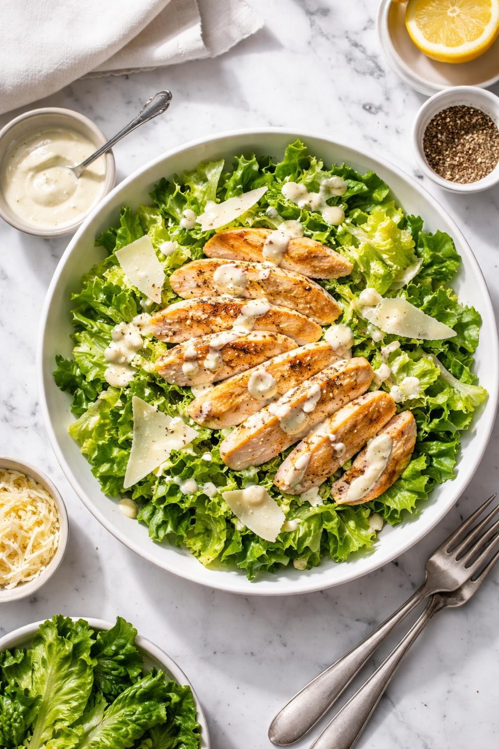 Image Prompt: Realistic top-down editorial food photography of a keto chicken Caesar salad on a white marble countertop, with chopped romaine lettuce, sliced grilled chicken, shaved parmesan, creamy Caesar dressing, cracked black pepper, and no croutons, clean hearty lunch styling, bright natural daylight, soft shadows, clean editorial composition, high detail, realistic texture, no people, no hands, no text, no watermarks, no props with writing.