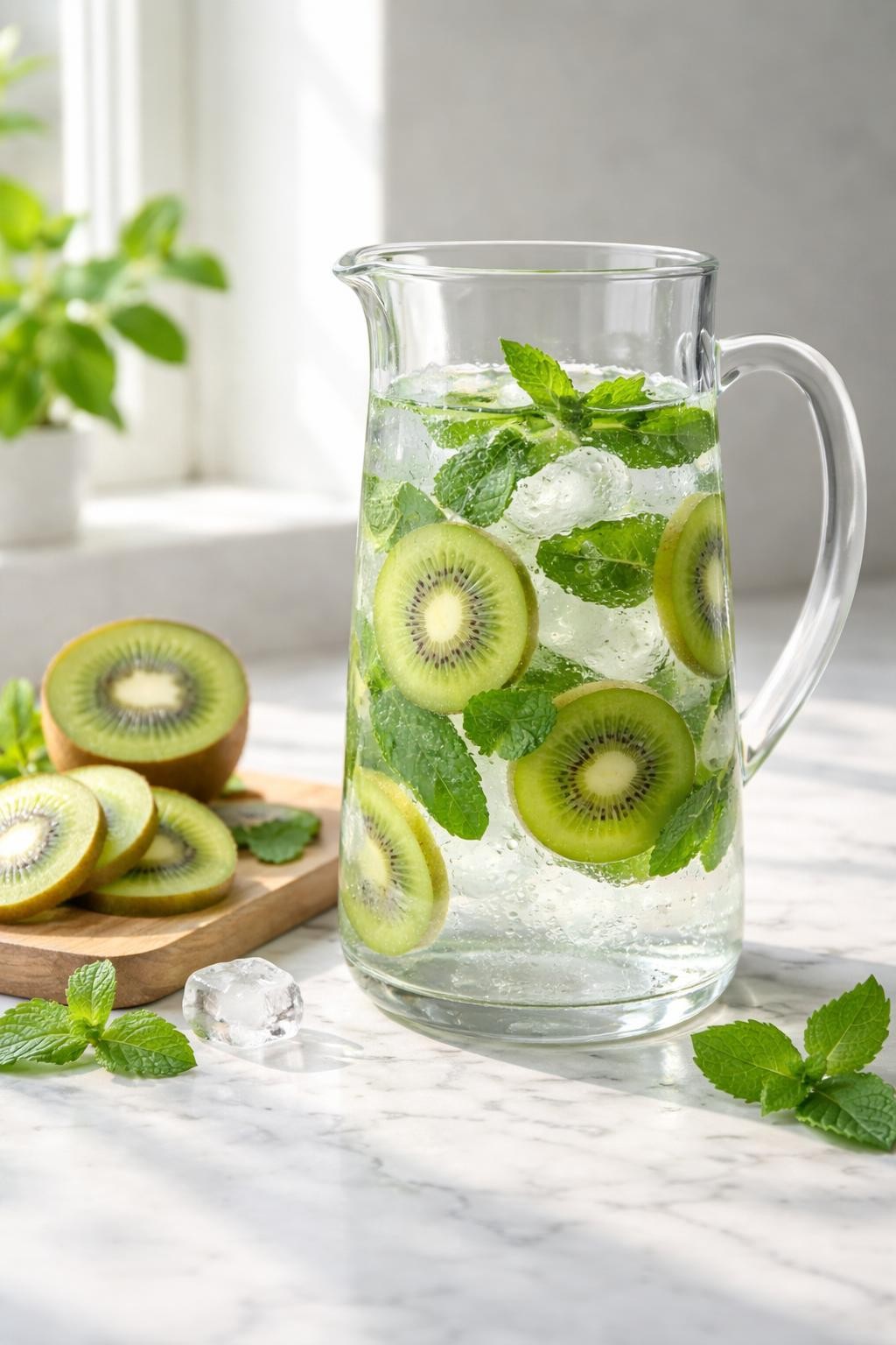 Realistic editorial food photography of kiwi mint detox water in a clear glass pitcher on a clean marble countertop, thin green kiwi slices and fresh mint leaves floating in cold clear water with ice cubes, sliced kiwi arranged neatly nearby, bright fresh homemade drink styling, natural window light, soft shadows, high detail, no people, no hands, no text, no watermarks, no props with writing.