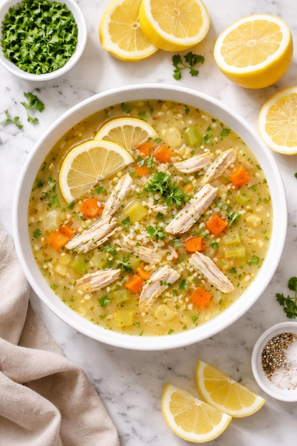 Image Prompt: Realistic top-down editorial food photography of lemon chicken breast soup in a simple bowl on a clean marble countertop, light golden broth with shredded chicken breast, rice, carrots, celery, and fresh lemon slices nearby, bright fresh homemade mood, natural daylight, high detail, no people, no hands, no text, no watermarks, no props with writing.
