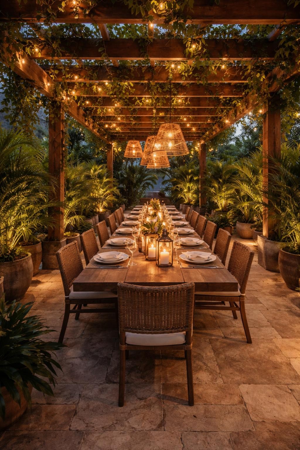 Image Prompt: A beautiful tropical patio dining area under a wooden pergola, long outdoor dining table, woven chairs, climbing greenery overhead, potted palms and ferns around the edges, warm string lights, stone patio floor, evening resort-style dinner setting, no people, realistic DSLR image, no text, no watermarks on images.