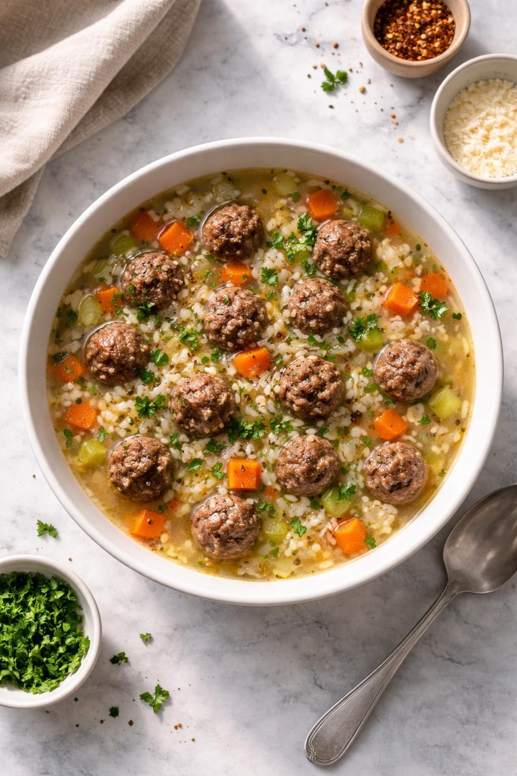 Image Prompt: Realistic top-down editorial food photography of a bowl of meatball rice soup on a light gray marble countertop, filled with browned mini meatballs, fluffy rice, carrots, celery, onion, and a clear savory broth, finished with parsley and black pepper, warm homemade soup mood, bright natural window lighting, soft shadows, clean composition, high detail, realistic texture, no people, no hands, no text, no watermarks, no props with writing.