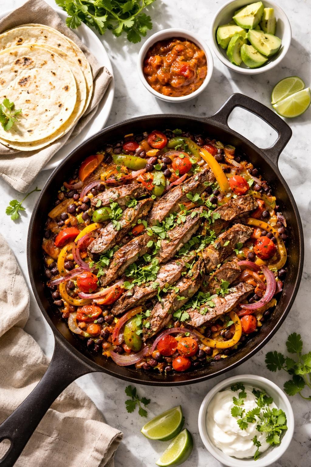 Image Prompt: Realistic top-down editorial food photography of a steak taco skillet on a white marble countertop, sliced steak cooked with onions, peppers, black beans, and tomatoes in a rustic skillet, topped with cilantro and served with tortillas on the side, bright natural daylight, soft shadows, cozy dinner styling, high detail, realistic food texture, no people, no hands, no text, no watermarks, no props with writing.