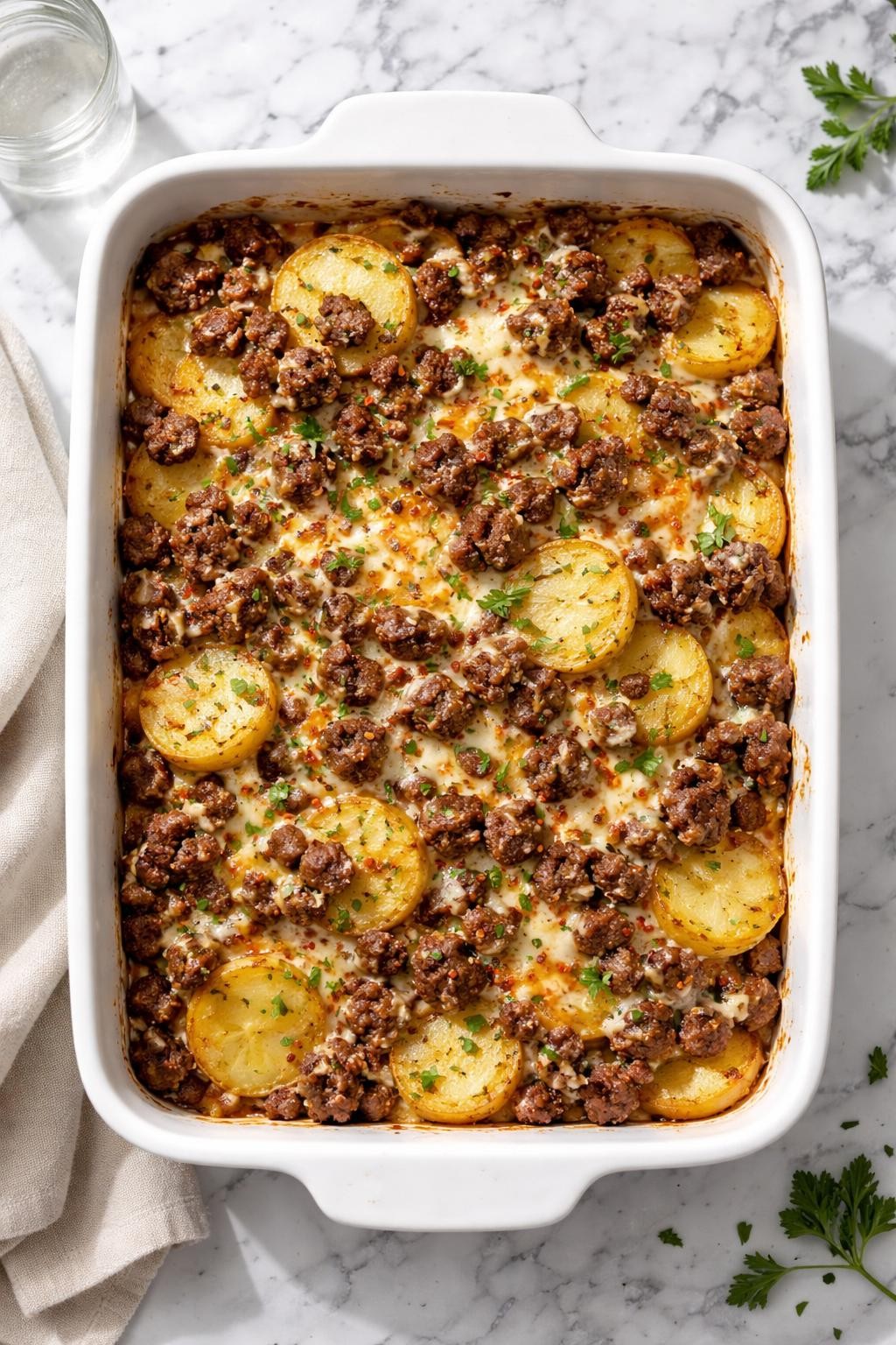 Image Prompt: Realistic top-down editorial food photography of sausage and potato bake in a casserole dish on a clean white and gray marble countertop, browned ground Italian sausage baked with sliced potatoes, onions, melted cheese, and herbs, bright natural light, soft shadows, cozy homemade dinner mood, high detail, realistic food texture, no people, no hands, no text, no watermarks, no props with writing.