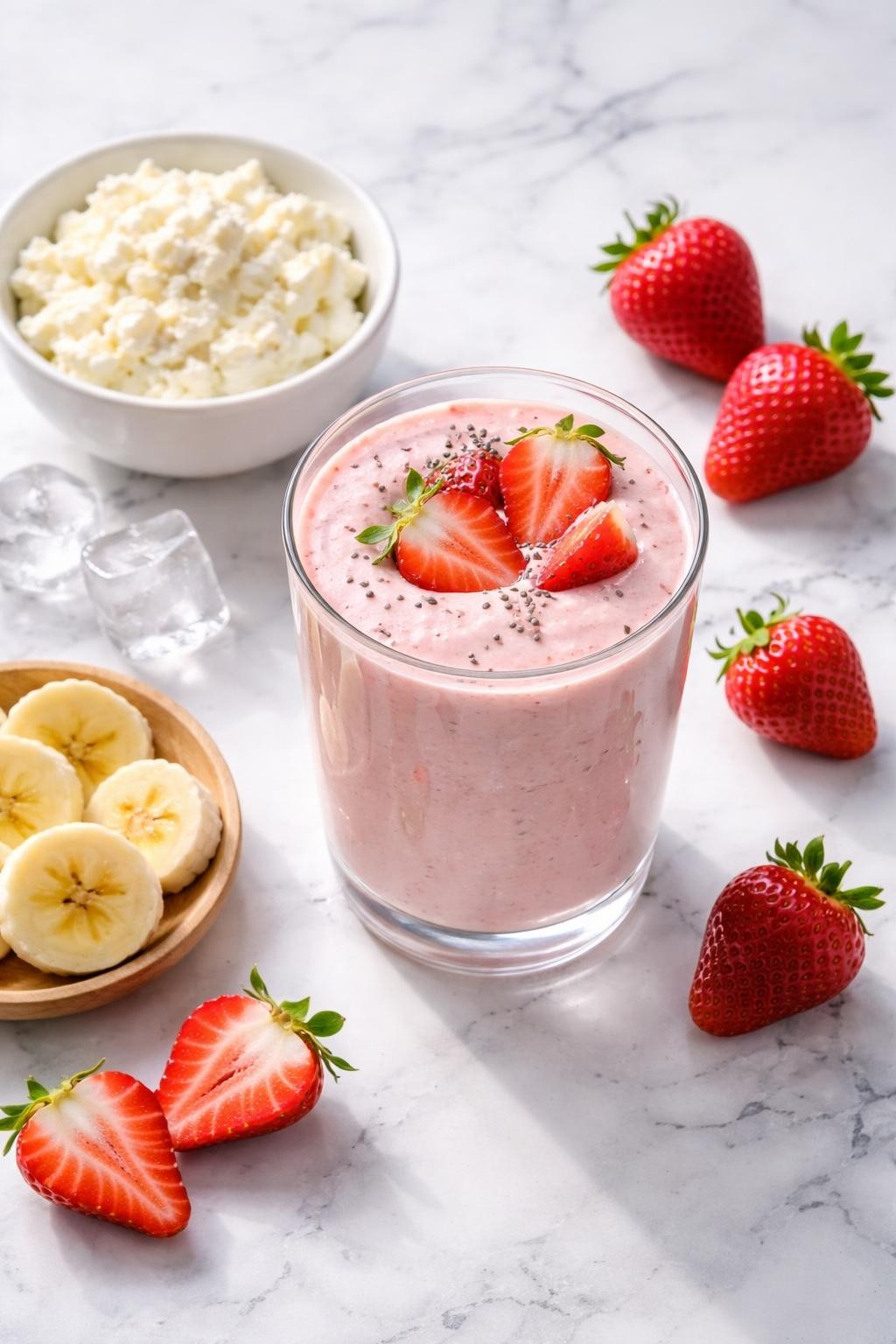 Realistic top-down editorial food photography of a strawberry cottage cheese smoothie served in a clear glass on a clean white and gray marble countertop. The smoothie is soft pink, thick, smooth, and creamy, with fresh strawberries, a small plain bowl of cottage cheese, banana slices, and a few ice cubes styled neatly nearby. Bright natural window lighting, soft shadows, clean high-protein breakfast smoothie styling, high detail, realistic creamy texture, no people, no hands, no text, no watermarks, no props with writing.