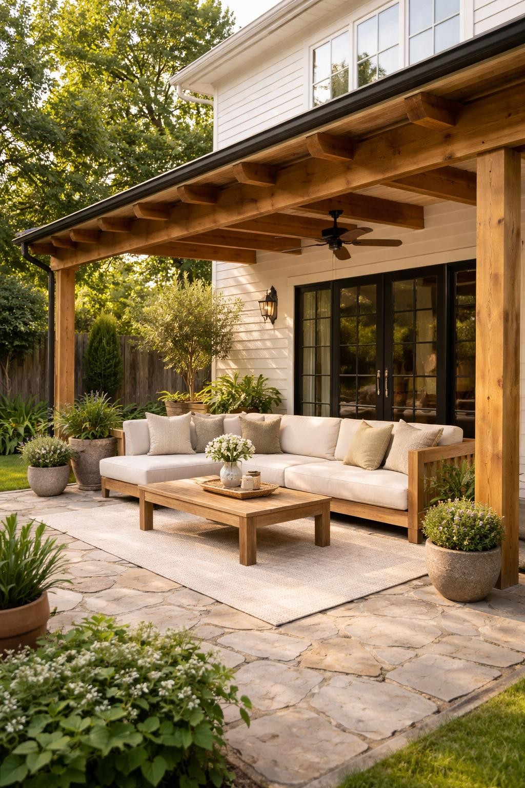 Image Prompt: A beautiful backyard patio with a simple wood beam overhang attached to the house, natural wood posts, cream outdoor sofa, low wooden coffee table, stone paver floor, potted greenery, soft outdoor rug, warm afternoon light, cozy and polished outdoor living space, no people, realistic DSLR photo, editorial home and garden style, high detail, no text, no watermarks on images.