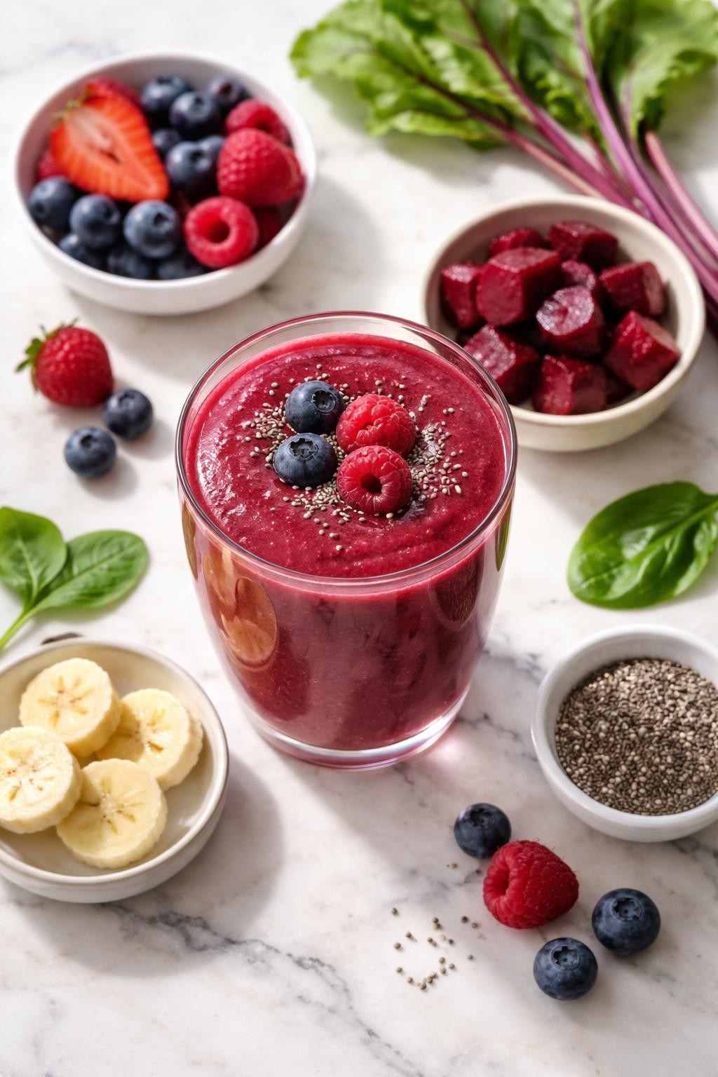Realistic top-down editorial food photography of a beet berry smoothie in a clear glass on a light marble countertop. The smoothie is deep berry red, thick, smooth, and glossy, styled with cooked beet cubes, mixed berries, banana rounds, and chia seeds nearby. Bright natural daylight, clean homemade smoothie mood, soft shadows, realistic smoothie texture, high detail, no people, no hands, no text, no watermarks, no props with writing.