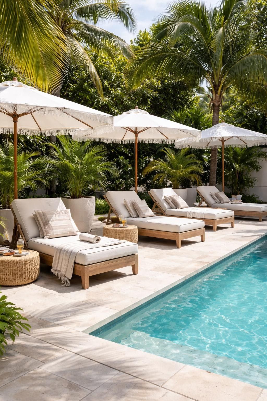 Image Prompt: A lovely tropical poolside patio with cushioned lounge chairs, large potted palms, white umbrellas, light stone pool deck, small side tables, soft towels, clear blue pool water, relaxed resort-inspired backyard atmosphere, no people, realistic DSLR editorial photo, no text, no watermarks on images.