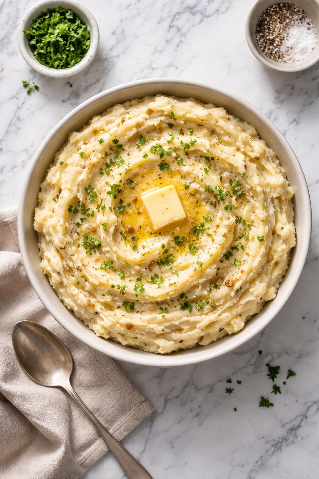 Image Prompt: Realistic top-down editorial food photography of creamy onion soup mix mashed potatoes on a clean white and gray marble countertop, fluffy mashed potatoes with butter melting on top and chopped parsley, cozy homemade side dish mood, bright natural window lighting, soft shadows, clean composition, high detail, realistic food texture, no people, no hands, no text, no watermarks, no props with writing.