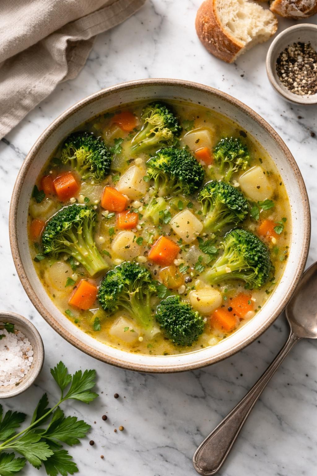 Image Prompt: Realistic top-down editorial food photography of chunky broccoli vegetable soup in a rustic bowl on a white and gray marble countertop, broth-based soup filled with broccoli, carrots, celery, potatoes, and herbs, cozy homemade meal styling, bright natural window lighting, soft shadows, no people, no hands, no text, no watermarks, no props with writing.