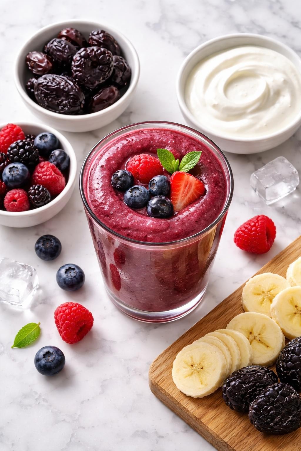 Realistic top-down food photography of a prune berry smoothie in a clear glass on a light marble countertop. The smoothie is deep purple-red, thick, smooth, and glossy, styled with pitted prunes, mixed berries, banana slices, Greek yogurt in a plain bowl, and a few ice cubes nearby. Soft natural daylight, clean nourishing breakfast smoothie styling, high detail, realistic creamy texture, no people, no hands, no text, no watermarks, no props with writing.