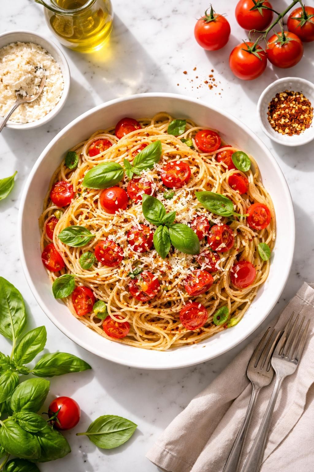 Image Prompt: Realistic top-down editorial food photography of spaghetti with fresh tomatoes and basil in a white bowl on a white marble countertop, spaghetti tossed with chopped ripe tomatoes, olive oil, garlic, basil, and parmesan, bright natural daylight, soft shadows, fresh summer Italian dinner styling, high detail, realistic food texture, no people, no hands, no text, no watermarks, no props with writing.