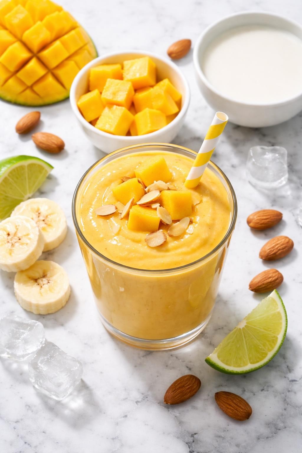 Realistic top-down editorial food photography of a mango almond milk smoothie in a clear glass on a clean white and gray marble countertop. The smoothie is golden yellow, thick, smooth, and creamy, styled with mango cubes, almond milk in a small plain bowl, banana rounds, and a small lime wedge nearby. Bright natural daylight, clean tropical smoothie styling, high detail, realistic smoothie texture, no people, no hands, no text, no watermarks, no props with writing.
