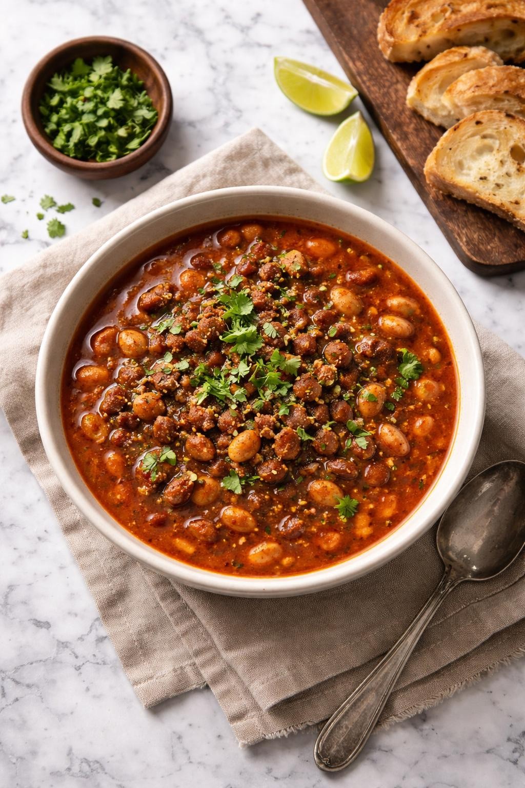 Image Prompt: Realistic top-down editorial food photography of pinto bean soup with chorizo on a white and gray marble countertop, rich reddish broth with pinto beans and browned chorizo crumbles, topped with chopped cilantro, warm hearty homemade dinner mood, natural daylight, soft shadows, no people, no hands, no text, no watermarks, no props with writing.