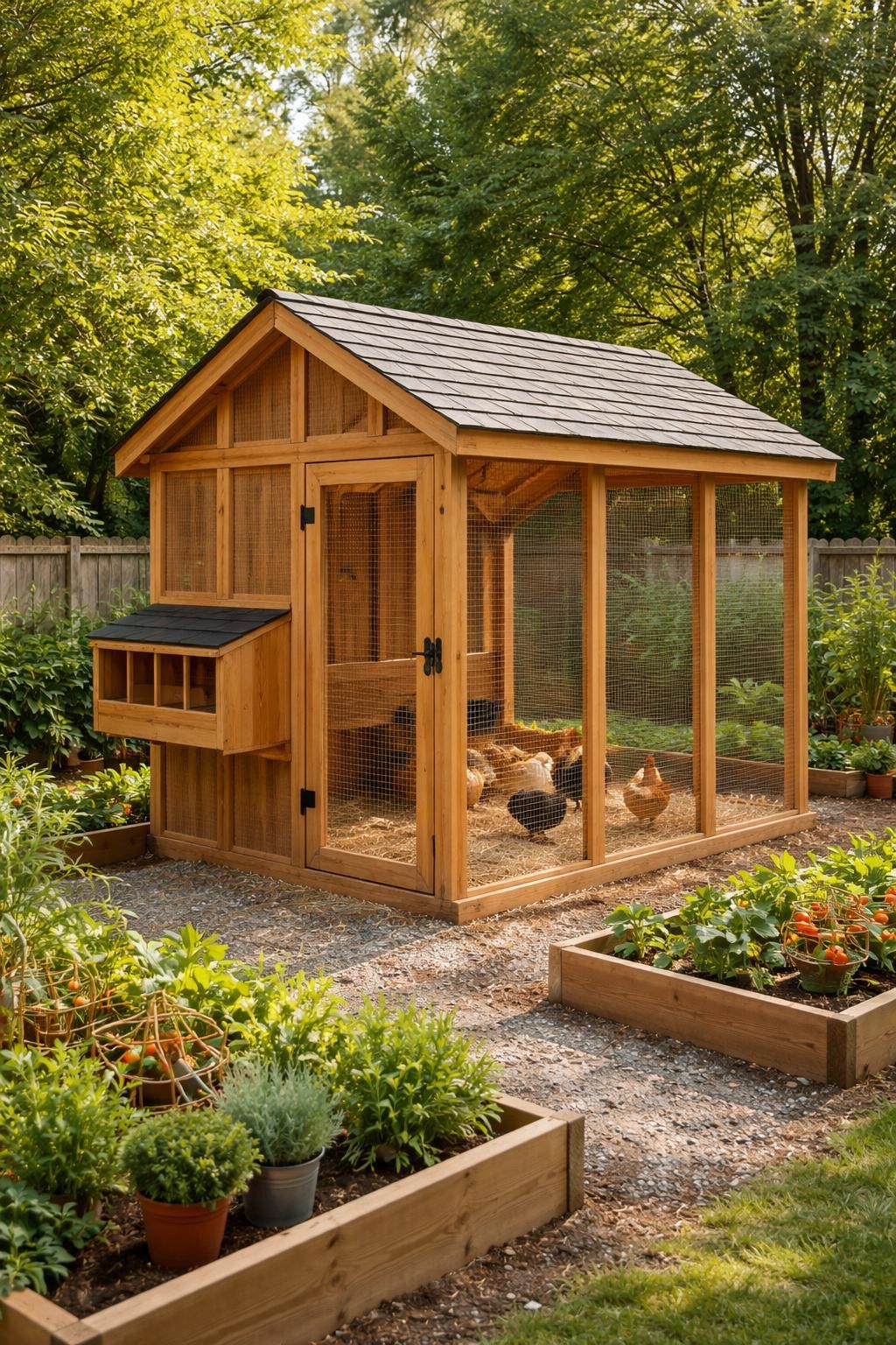 Image Prompt: A well-made classic wooden walk in chicken coop in a neat backyard garden, tall enough for a person to enter, natural cedar wood frame, pitched roof with dark shingles, large secure wire run, full-size hinged door with black hardware, nesting boxes attached to one side, chickens inside on clean straw and gravel, raised vegetable beds and herbs nearby, warm natural daylight, realistic homestead style, no people, no text, no watermark.