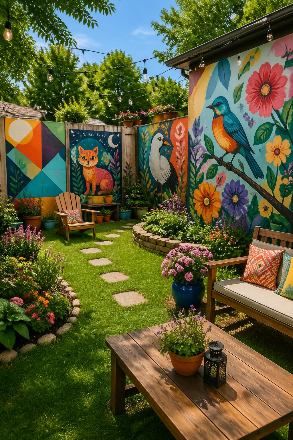 A backyard with several colorful murals painted on walls and fences, surrounded by green grass, flowers, and outdoor furniture.