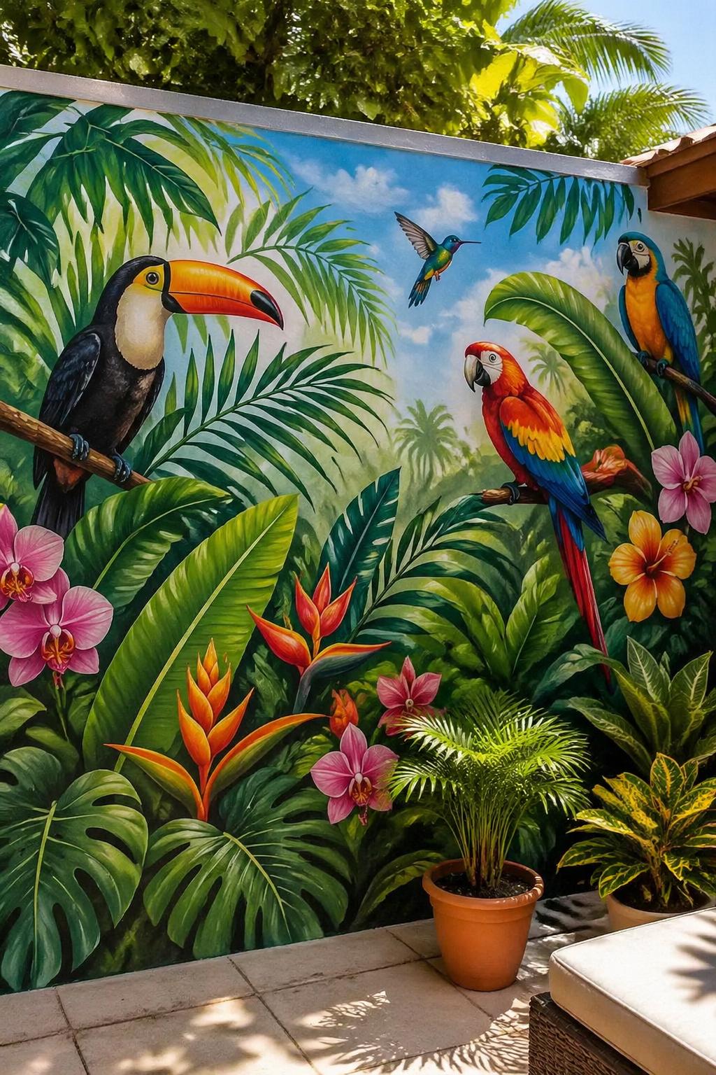 A colorful backyard mural depicting palm leaves and exotic birds against a bright sky.