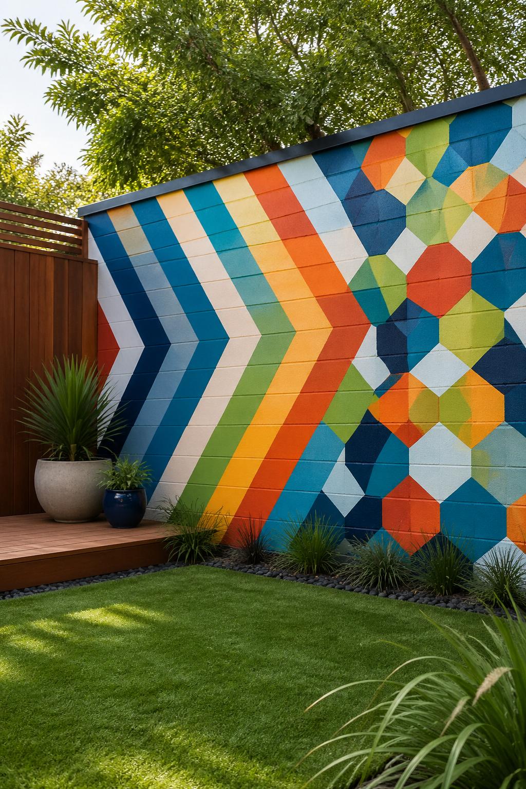 A backyard wall painted with a colorful geometric pattern of chevrons and hexagons surrounded by grass and garden plants.