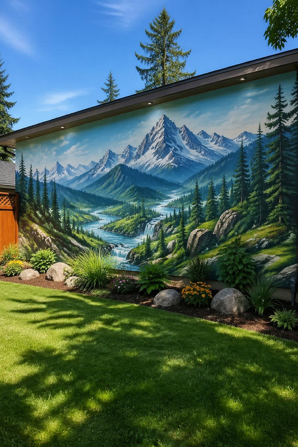 A backyard mural showing mountains, forests, and rivers in a natural landscape scene.