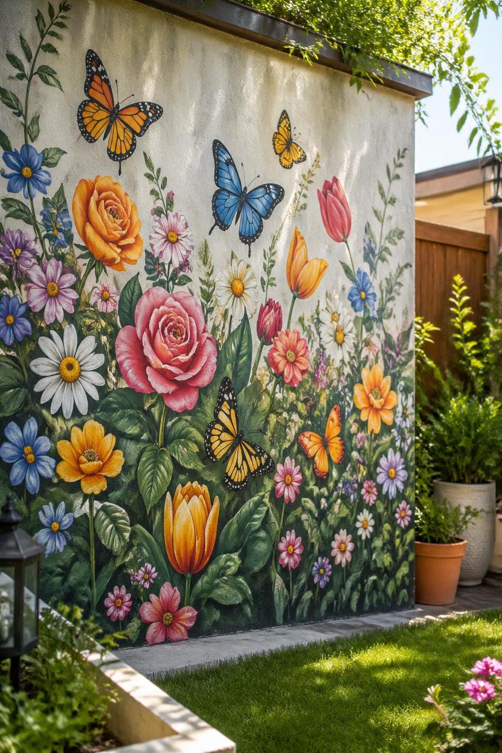 A backyard wall decorated with a colorful mural of flowers and butterflies.