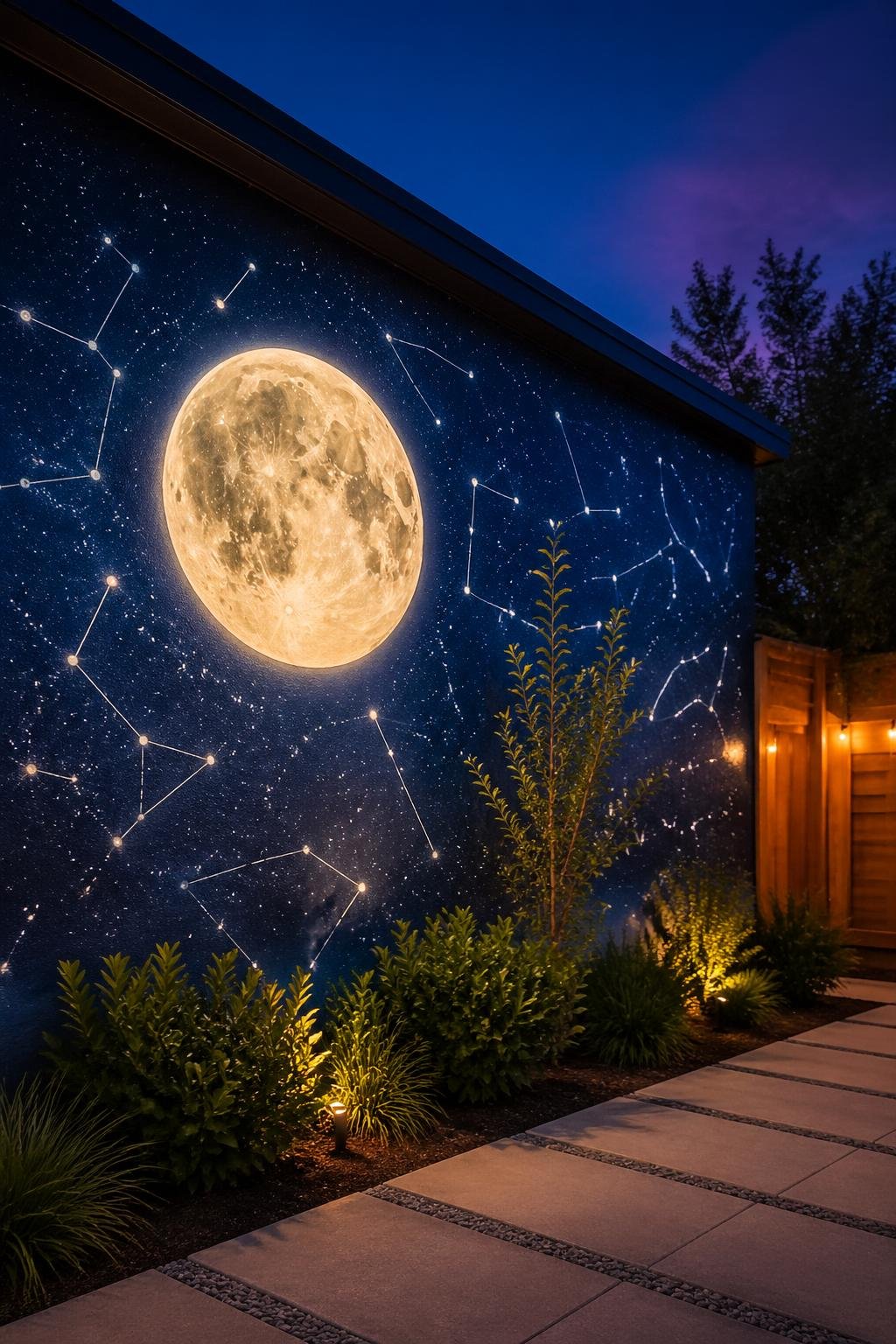 A backyard wall mural showing a starry night sky with a full moon and several constellations.