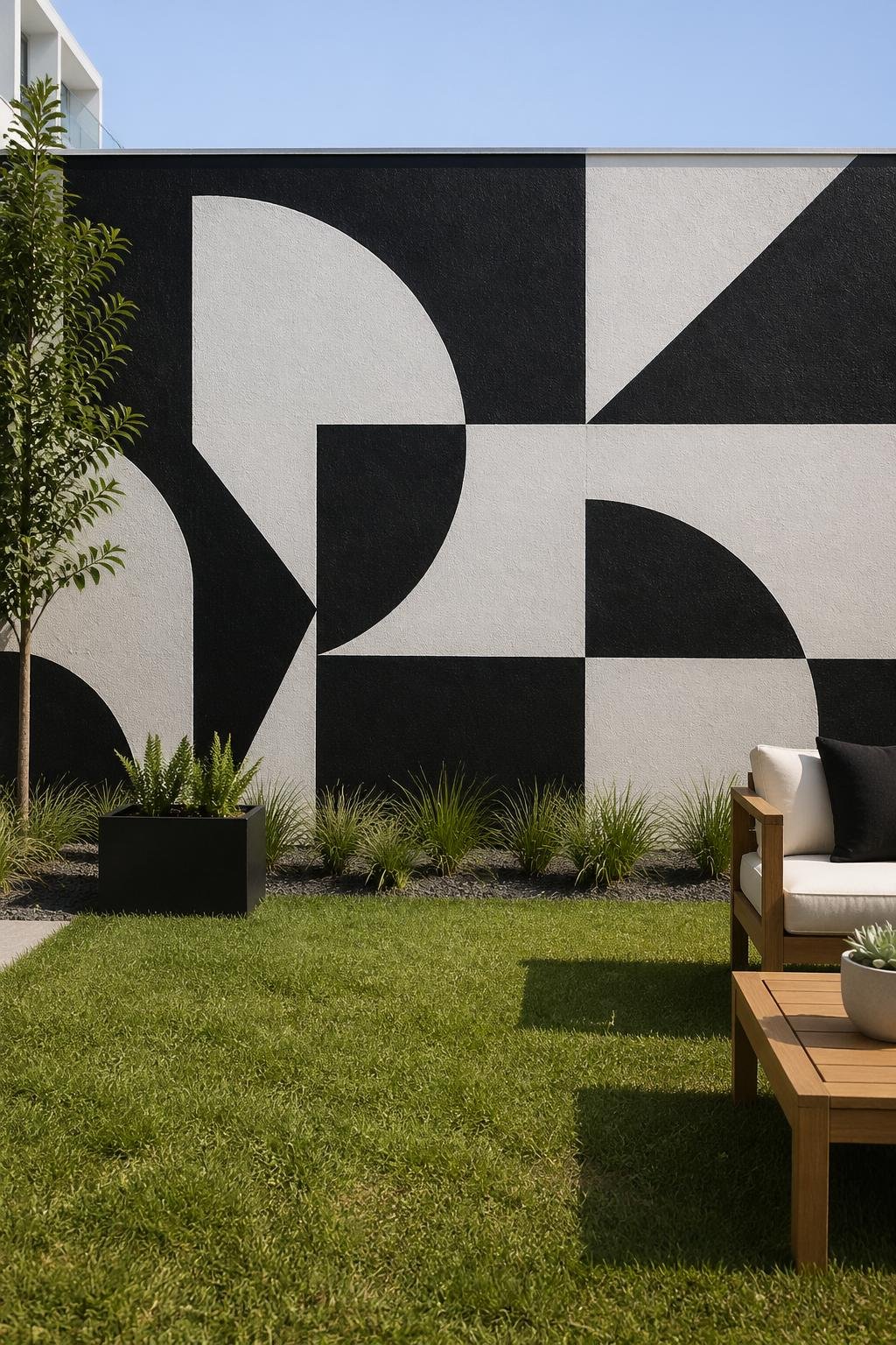 Backyard with a large black and white geometric mural on an exterior wall, a tidy lawn, and modern outdoor furniture.