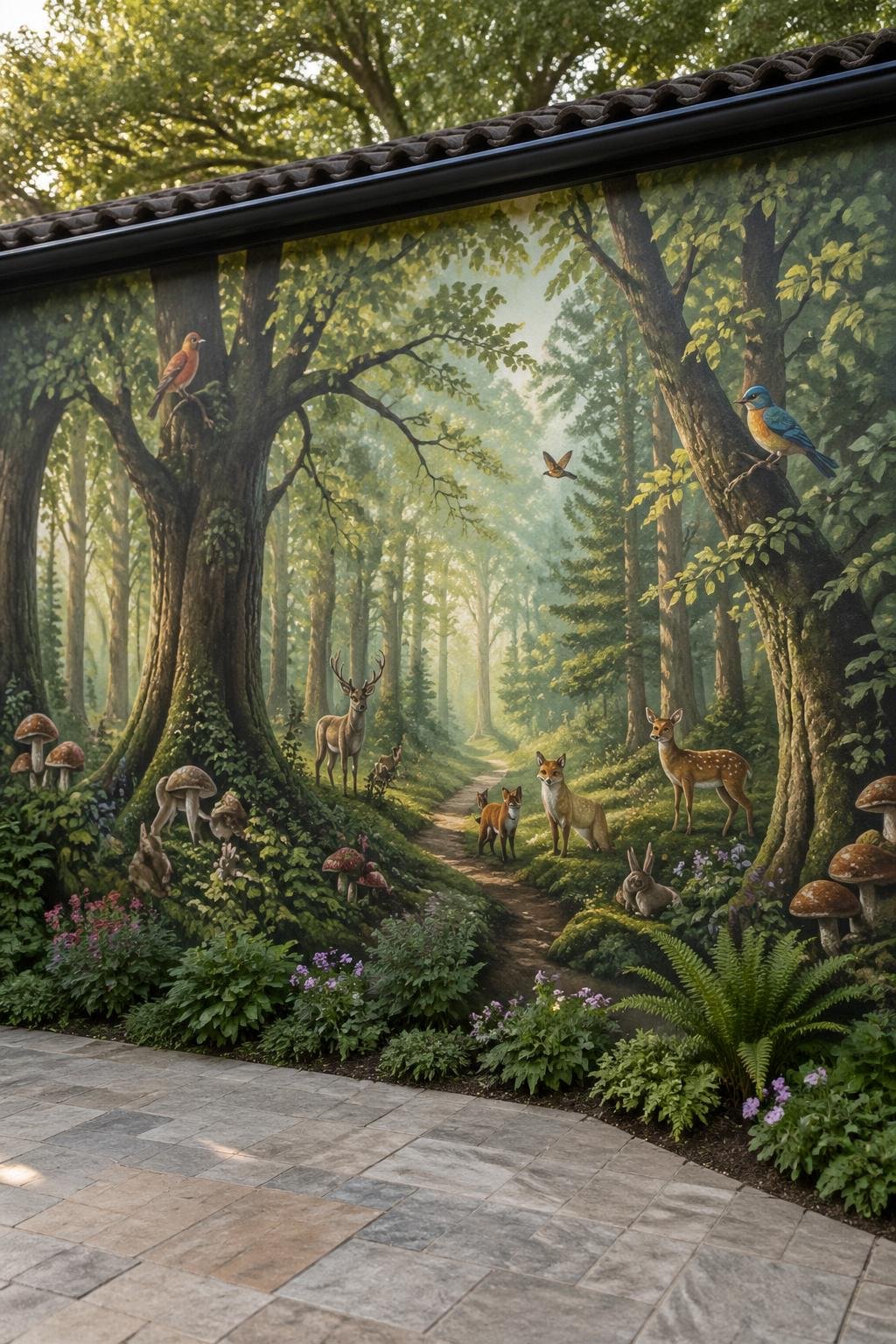 A detailed mural of a forest with trees, deer, foxes, rabbits, birds, and plants painted on a backyard wall.