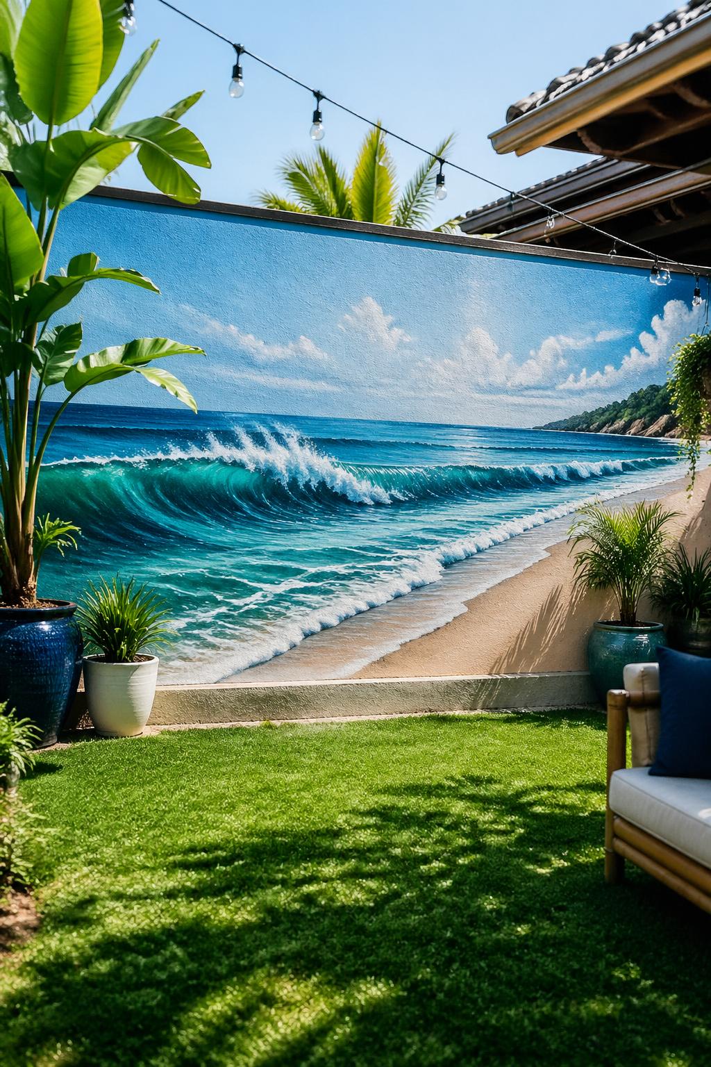 A backyard wall painted with a mural of ocean waves and a sandy beach in blue and beige tones, surrounded by grass and plants.