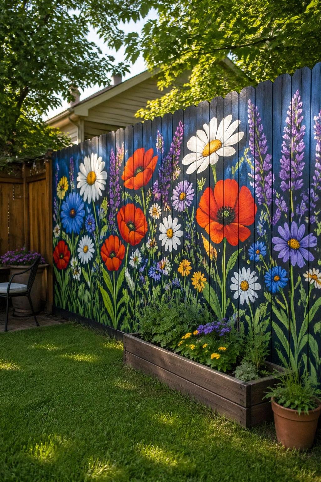A backyard with a large colorful mural of oversized wildflowers painted on a wooden fence surrounded by green grass.