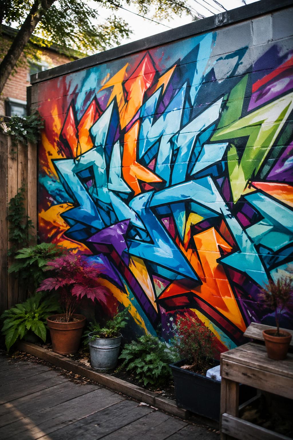 A backyard with a colorful graffiti wall mural featuring bright, abstract street-art lettering and plants nearby.
